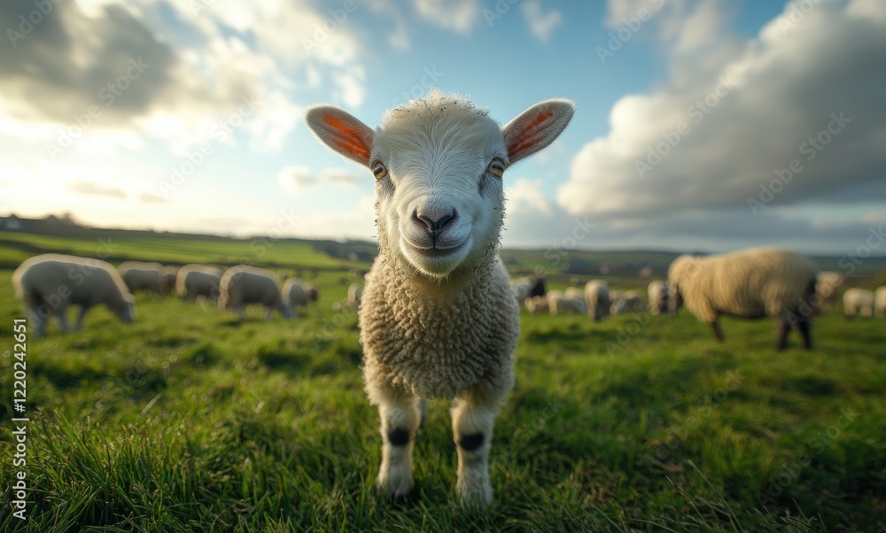 Obraz premium Adorable Young Lamb Standing in Green Pasture with Herd in Background Against Beautiful Sky and Clouds, Perfect for Farm and Nature Themes
