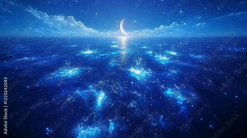 A serene night sky with a deep blue backdrop, featuring a glowing crescent moon and scattered twinkling stars across the vast expanse A serene night sky with a deep blue backdrop, featuring a glowing crescent moon and scattered twinkling stars across the vast expanse