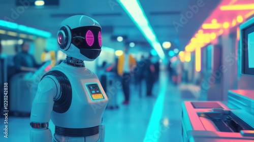 Wallpaper Mural A futuristic robot standing amidst a blurred group of people with a modern interior Torontodigital.ca