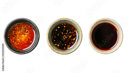 Asian Cuisine Spicy Sweet Soy Sauces Bowls Food Photography red top menu dark view tasty lunch taste photo