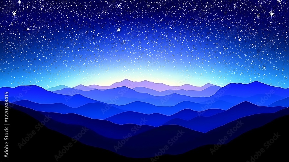 A tranquil night scene with the mountains silhouetted against a sky full of bright, shining stars that stretch endlessly above A tranquil night scene with the mountains silhouetted against a sky full of bright, shining stars that stretch endlessly above