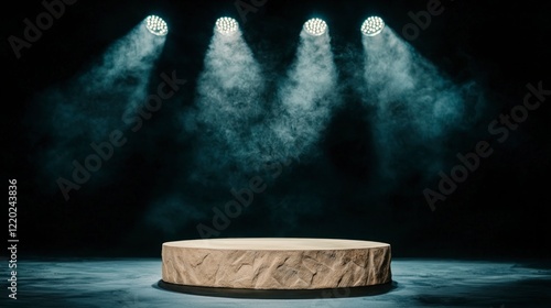 Illuminated Stone Podium  Award Ceremony  Empty Pedestal  Stage  Dark Background  Spotligh photo