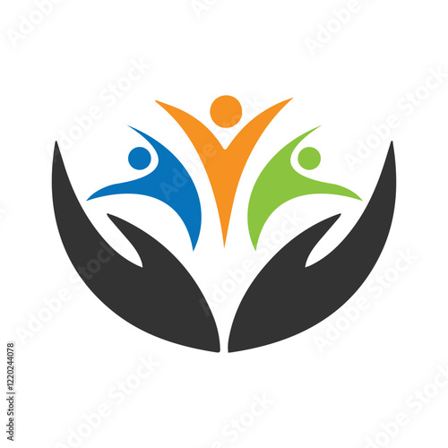 Community care logo with abstract people and hands symbolizing support and unity