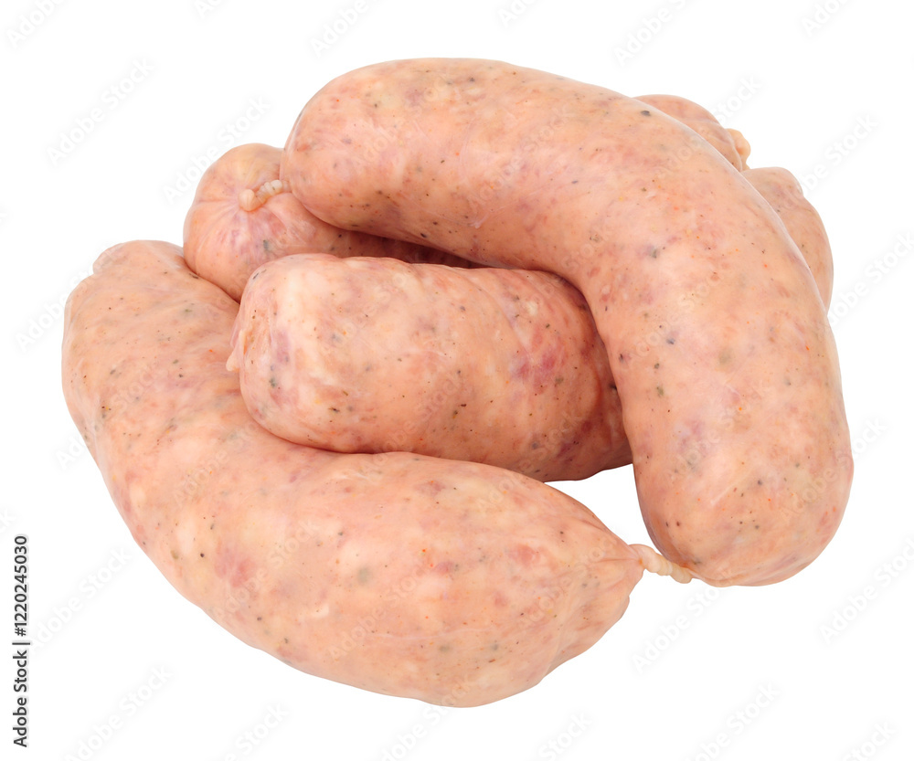 Group of fresh raw pork meat link sausages isolated on a white background Group of fresh raw pork meat link sausages isolated on a white background