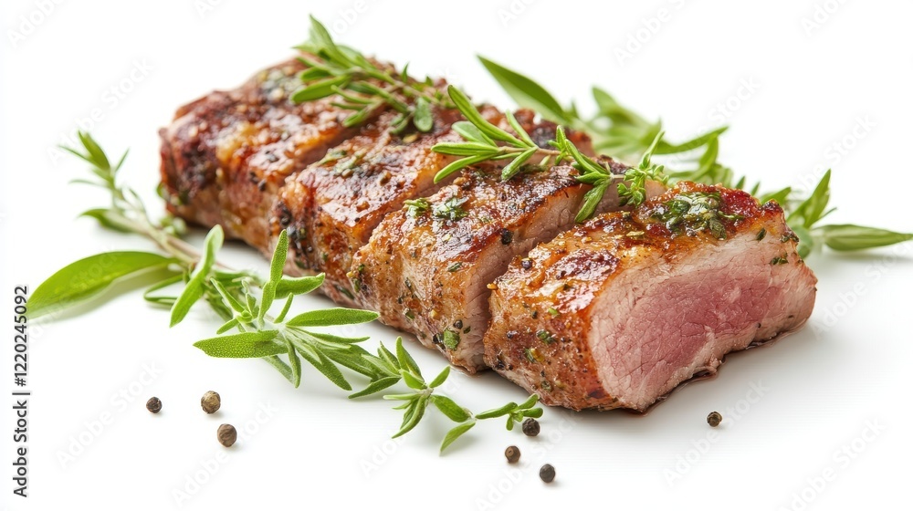 A piece of meat with herbs on top of it A piece of meat with herbs on top of it