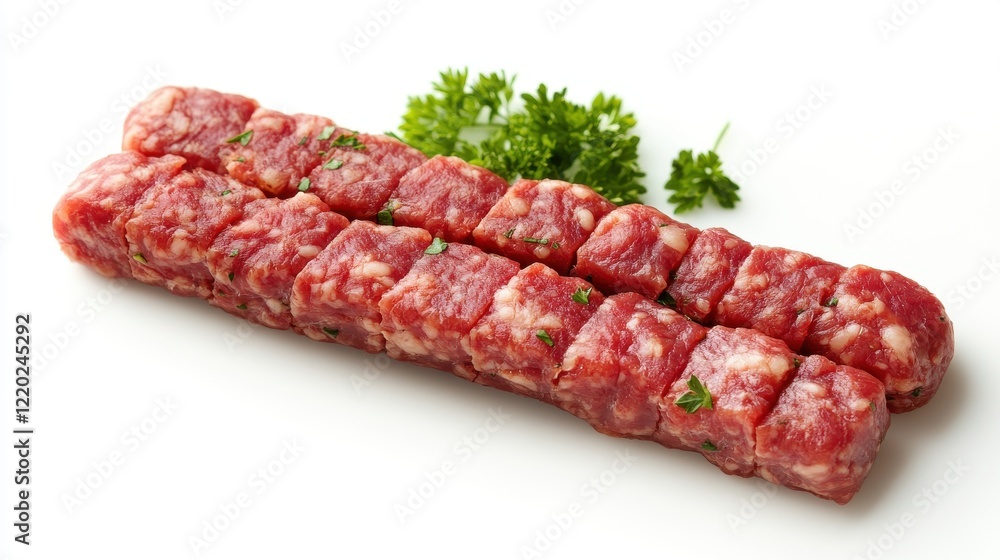 A piece of meat is cut into small cubes and is sitting on a white plate A piece of meat is cut into small cubes and is sitting on a white plate