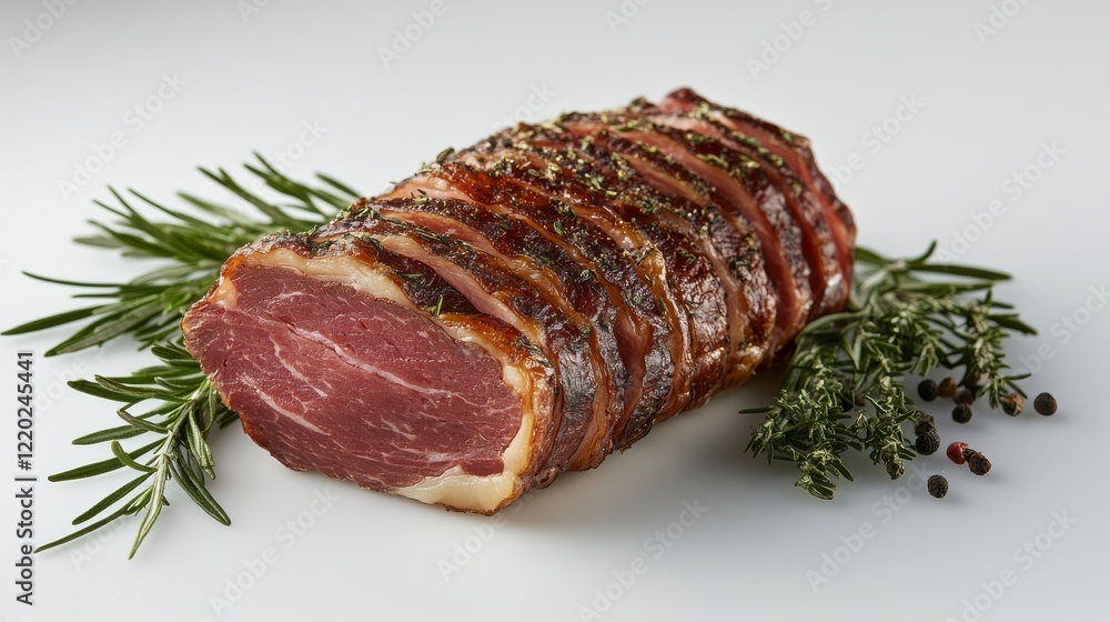 A piece of meat with herbs on top of it A piece of meat with herbs on top of it