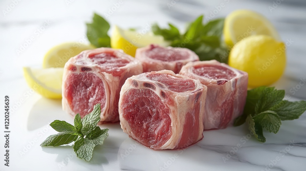 A plate of meat with a few slices of lemon and mint leaves A plate of meat with a few slices of lemon and mint leaves