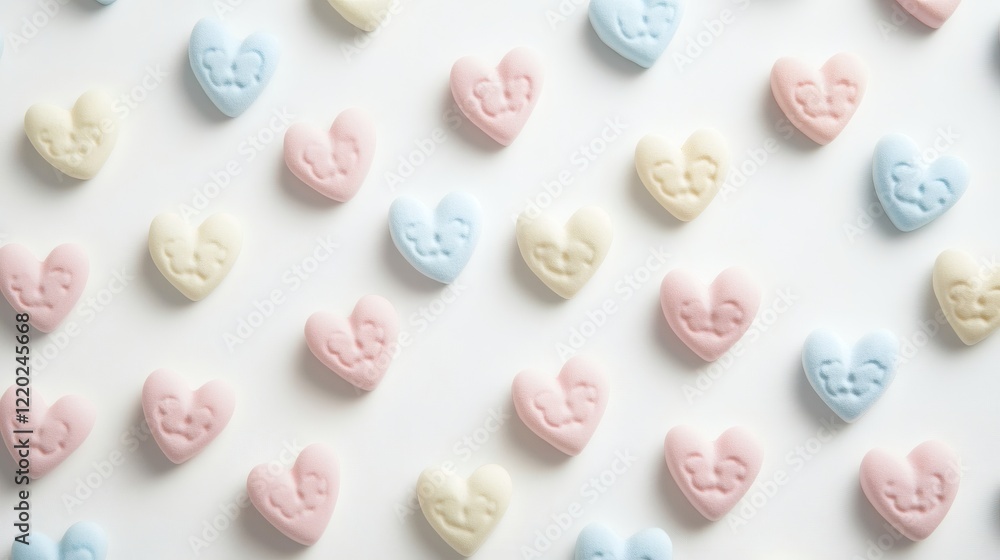 Pastel Heart-Shaped Candies Arranged in a Repeating Pattern on White Background Pastel Heart-Shaped Candies Arranged in a Repeating Pattern on White Background