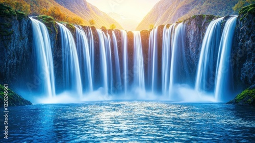 Majestic Waterfall Cascading in Mountain Valley at Sunrise