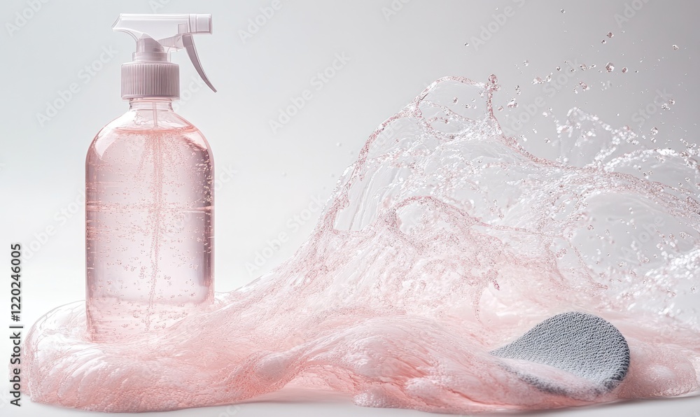Fototapeta premium Pink liquid splash, spray bottle, cleaning pad.