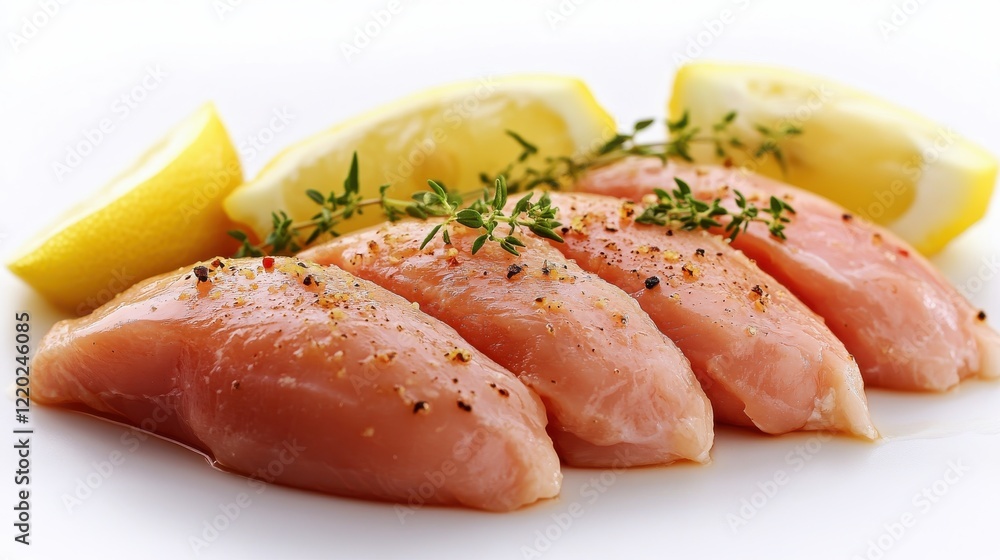 A plate of chicken with lemon slices and herbs A plate of chicken with lemon slices and herbs