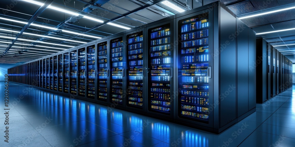 Fototapeta premium A modern data center filled with rows of server racks illuminated by blue lights, showcasing advanced technology and efficient design.