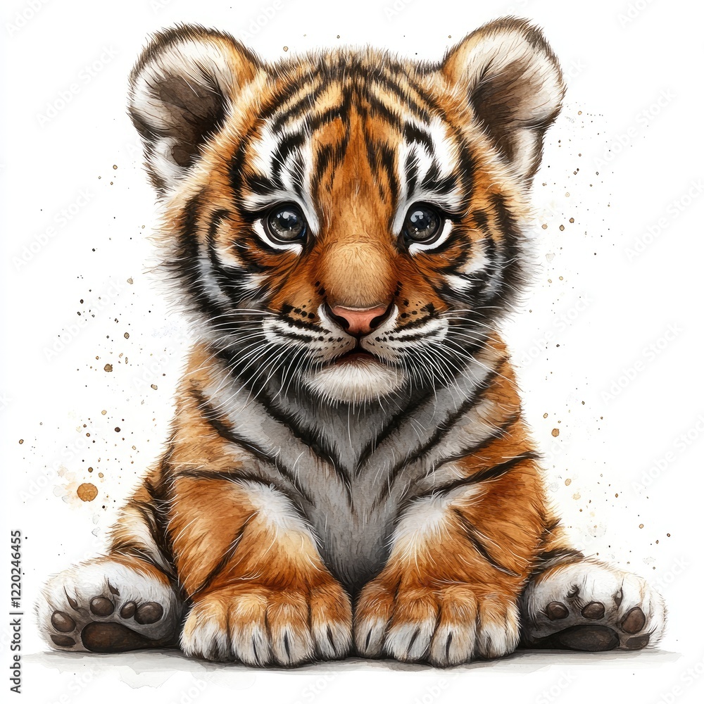 Obraz premium Adorable young tiger cub sitting calmly, showcasing its striking fur patterns and expressive eyes