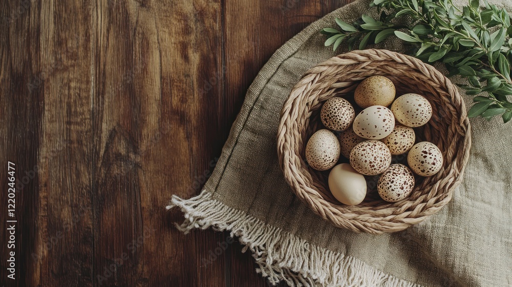 Quail eggs in basket on wooden table, spring greenery, Easter Quail eggs in basket on wooden table, spring greenery, Easter