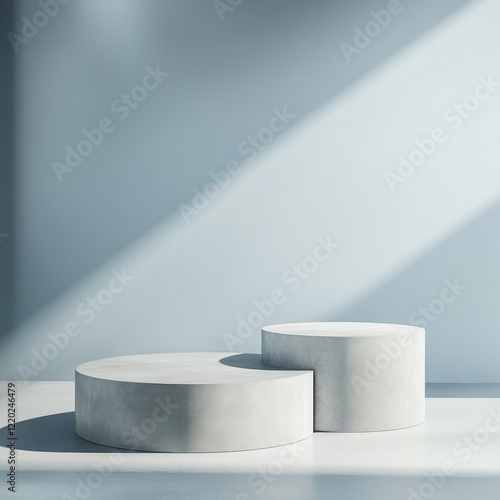 Wallpaper Mural Two minimalist cylindrical podiums on a light blue background, illuminated by sunlight. Torontodigital.ca