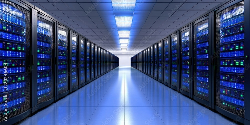 Fototapeta premium A high-tech server room filled with rows of servers, illuminated by blue lights, creating a futuristic and efficient data center environment.