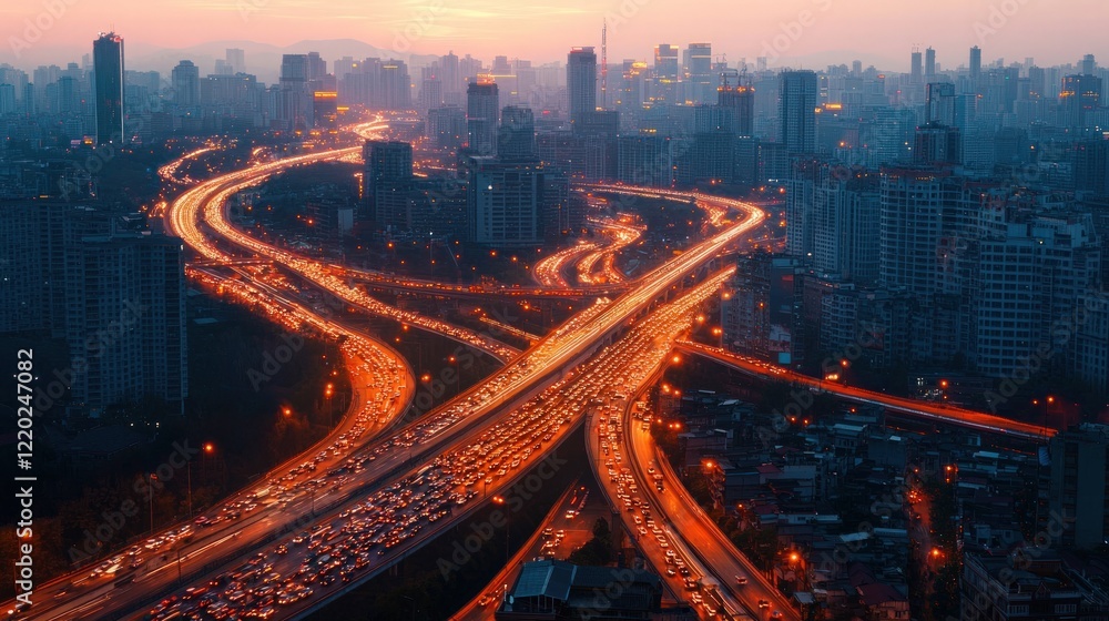 Fototapeta premium A bustling urban highway illuminated by vehicle lights, weaving through a cityscape at dusk, showcasing the vibrancy and complexity of city life.