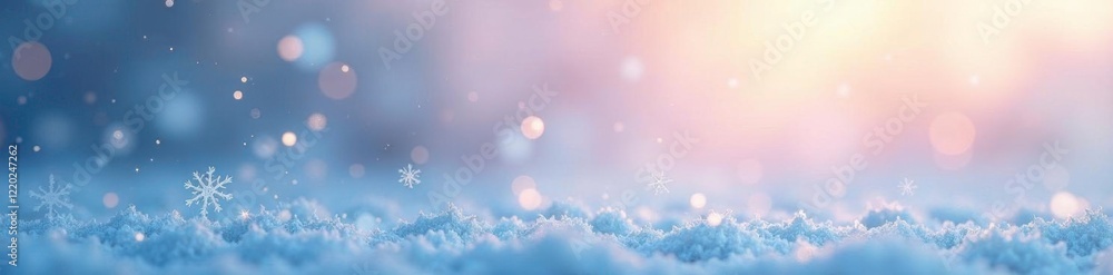 Naklejka premium Delicate snowflakes fall gently on a gradient sky, peaceful, fog, frost
