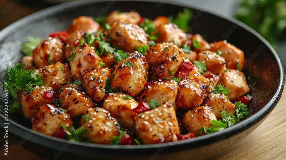 Close-up of savory chicken pieces in a glossy sauce, garnished with fresh herbs and pomegranate seeds, served in a dark bowl. Close-up of savory chicken pieces in a glossy sauce, garnished with fresh herbs and pomegranate seeds, served in a dark bowl.