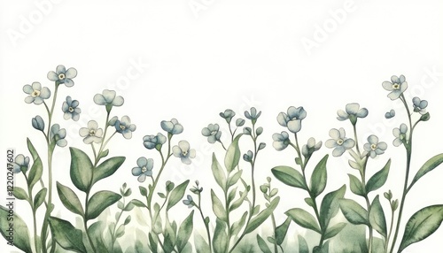 Wallpaper Mural A serene watercolor illustration of delicate blue flowers and green leaves in a soft, natural setting Torontodigital.ca