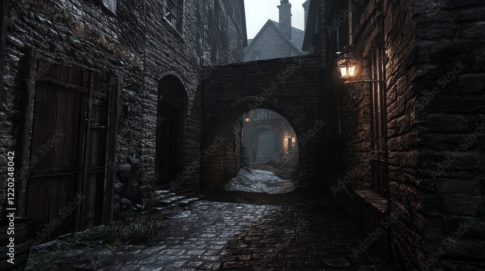 Fototapeta premium A dark alley in an old medieval town, a small archway leading to another street, brick walls and stone buildings, dim lighting casting shadows on the ground, a sense of mystery and history.