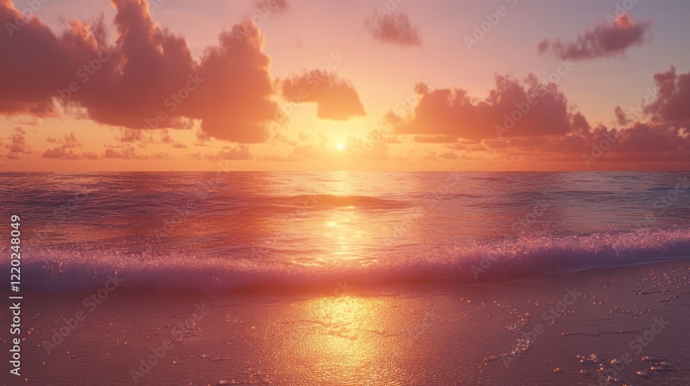Fototapeta premium A breathtaking ocean sunset with orange sky and calm waves reflecting the sunlight