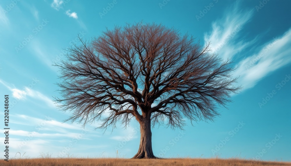 Lone leafless tree stands against a vibrant blue sky Lone leafless tree stands against a vibrant blue sky