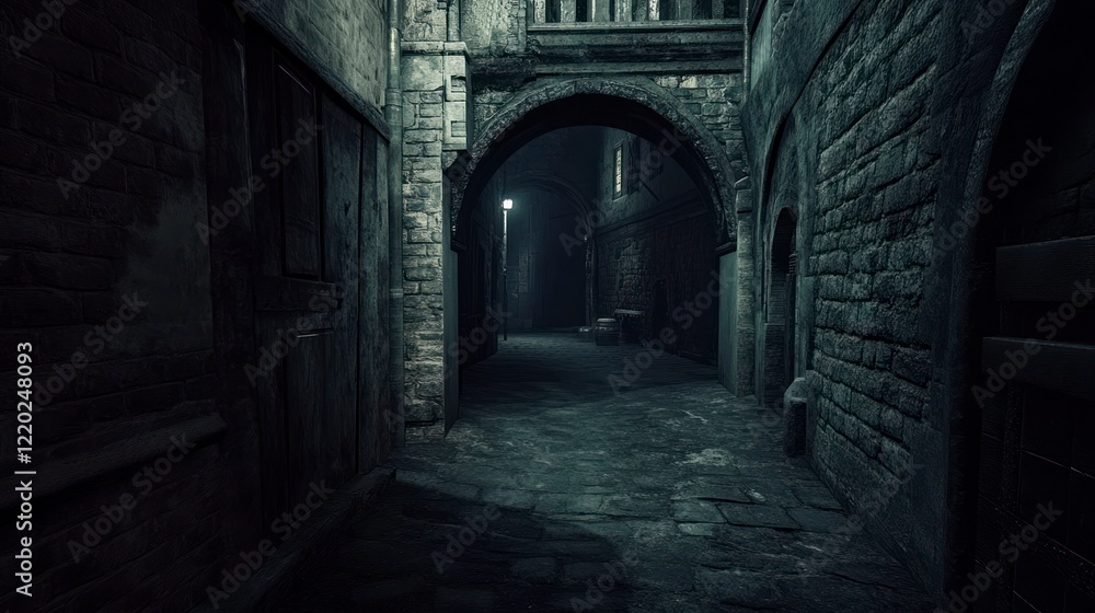 A dark alley in an old medieval town, a small archway leading to another street, brick walls and stone buildings, dim lighting casting shadows on the ground, a sense of mystery and history. A dark alley in an old medieval town, a small archway leading to another street, brick walls and stone buildings, dim lighting casting shadows on the ground, a sense of mystery and history.