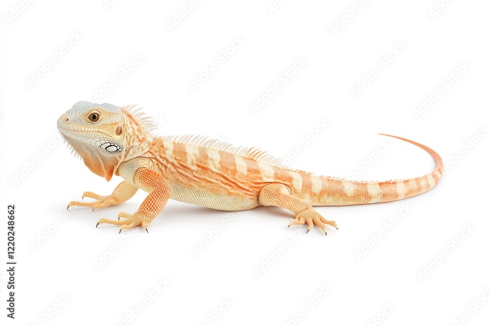 Naklejka premium A vibrant orange and white bearded dragon lizard posing on a clean white background, showcasing its unique colors