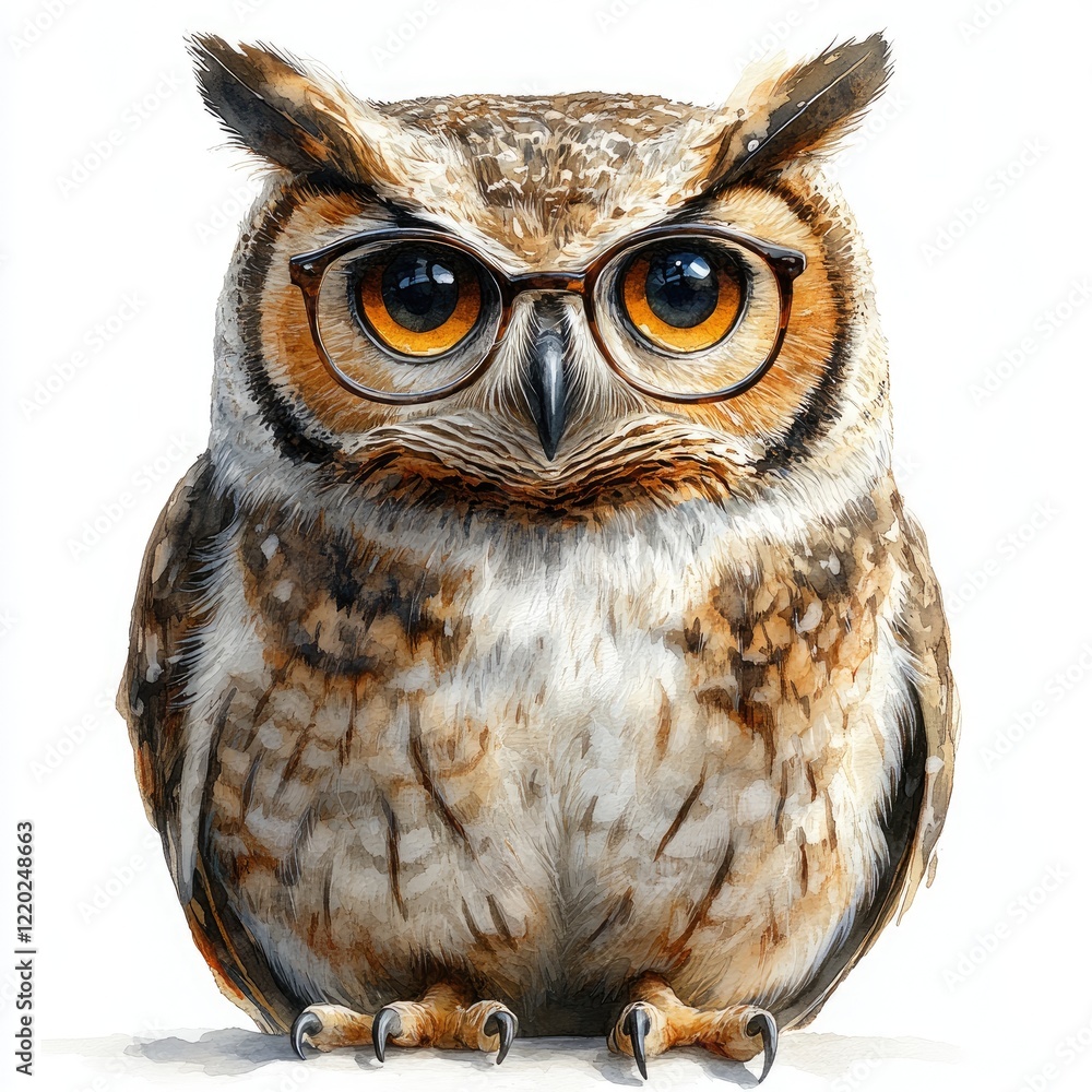 Fototapeta premium A wise owl wearing glasses sits proudly, showcasing its unique features and vibrant plumage