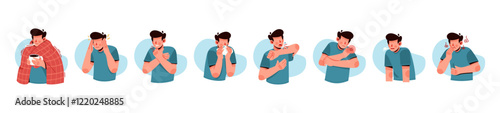 Set of man suffer from flu, high fever, chill, runny nose, congestion, cough, headache, fatigue, muscle and joint pain, sore throat, vomiting. Seasonal influenza symptoms illustration collections