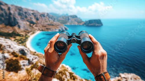 Binoculars held in hands over coastal mountain scene with blue water and sky