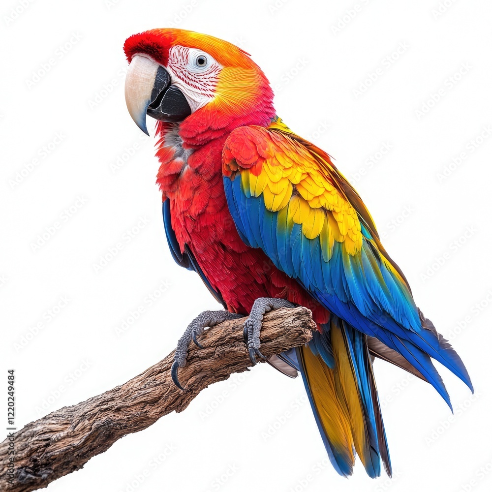 Vibrant Scarlet Macaw perched on a branch, showcasing its colorful feathers against a plain background Vibrant Scarlet Macaw perched on a branch, showcasing its colorful feathers against a plain background