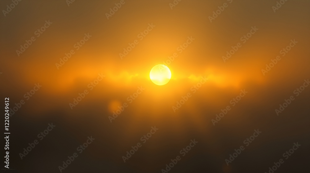 Sun shining through mist and clouds creating a warm and atmospheric scene at dawn Sun shining through mist and clouds creating a warm and atmospheric scene at dawn