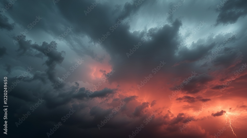 Dramatic stormy sky illuminated by lightning with dark clouds and fiery red hues creating a powerful atmosphere Dramatic stormy sky illuminated by lightning with dark clouds and fiery red hues creating a powerful atmosphere