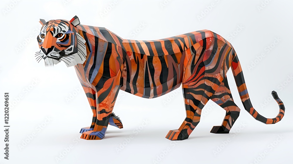 Naklejka premium A bold wooden tiger painted in vibrant orange and black stripes with added colorful accents, isolated on a clean white background.