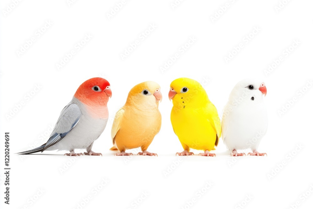 Four colorful parakeets standing in a row against a white background, showcasing their vibrant plumage Four colorful parakeets standing in a row against a white background, showcasing their vibrant plumage