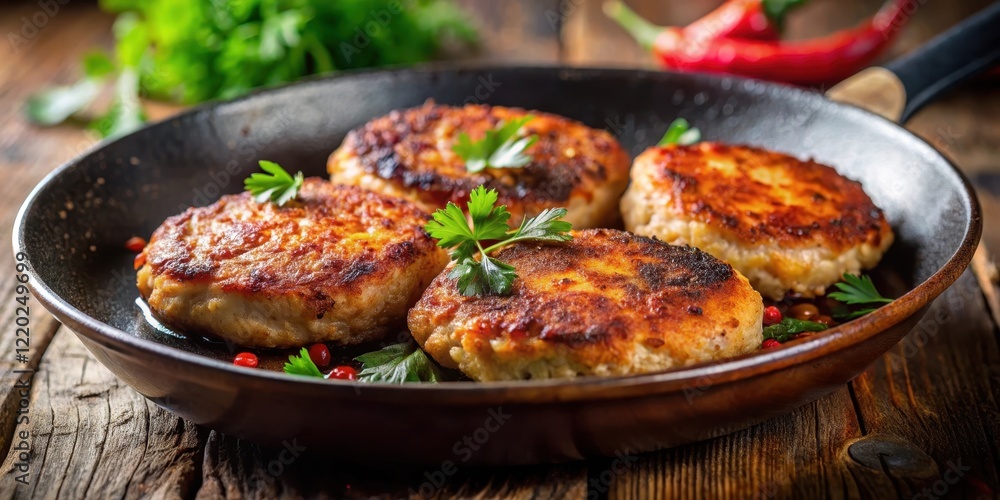Close-up shot of minced meat chicken cutlets browned in a pan with paprika adding a smoky flavor and aroma, garnished with fresh parsley , restaurant, food Close-up shot of minced meat chicken cutlets browned in a pan with paprika adding a smoky flavor and aroma, garnished with fresh parsley , restaurant, food