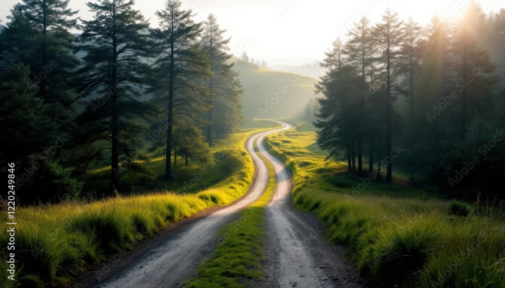 Obraz premium Winding Country Road Through Green Hills And Tall Trees