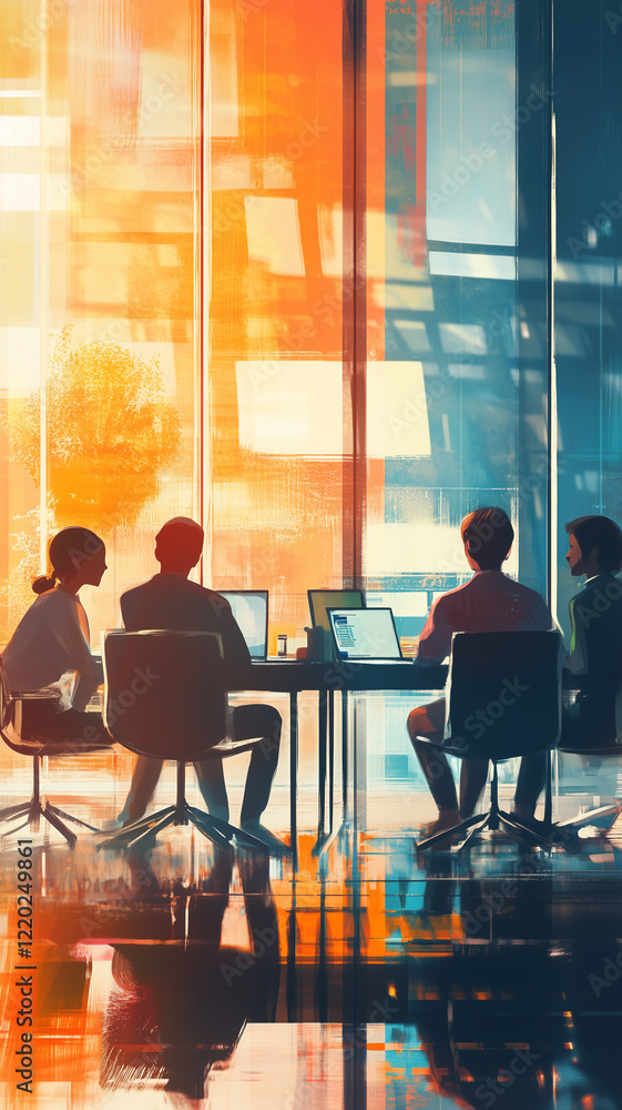 Obraz premium Creative Team Discussion in Modern Glass Office with Vibrant Lighting and Reflections
