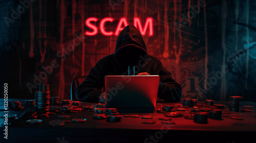 Cyber Criminal in Hoodie with Crypto Coins and Laptop