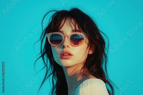 Wallpaper Mural Fashionable youth. Portrait of young beautiful girl posing in sunglasses isolated over blue background in neon light. Concept of human emotions, facial expression, youth culture. Copy space for ad Torontodigital.ca