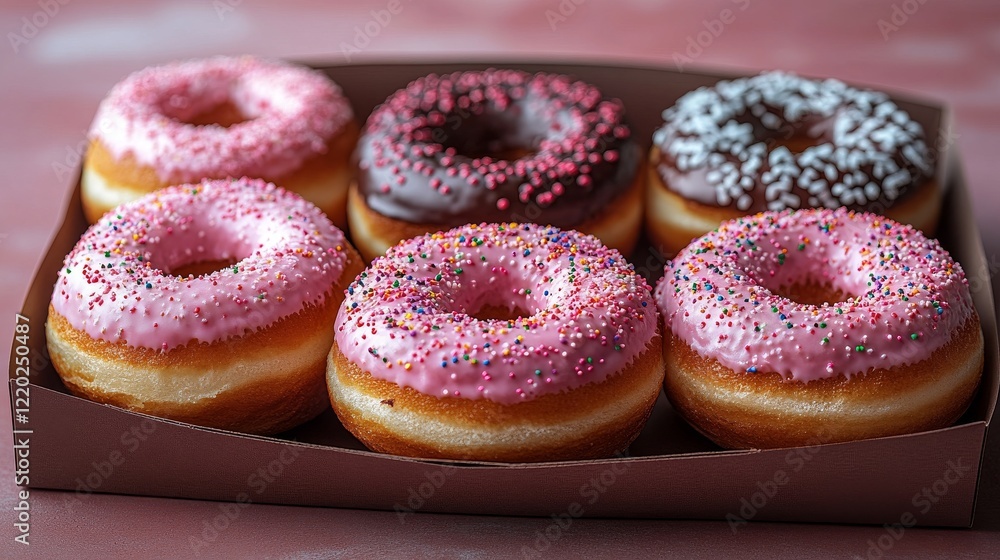 Six assorted donuts in a box; pink, chocolate, sprinkles. Six assorted donuts in a box; pink, chocolate, sprinkles.