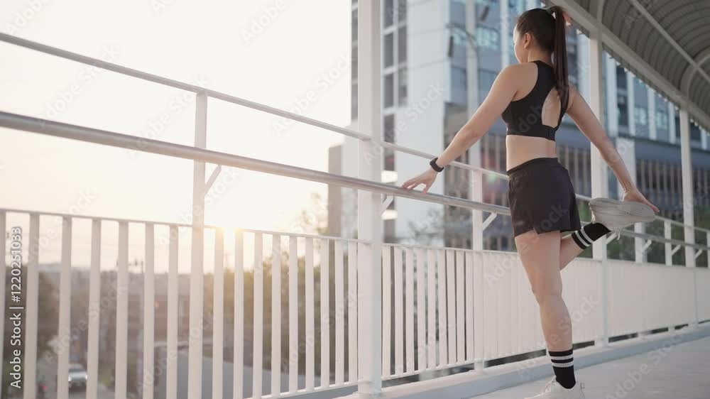 A woman is standing on a bridge, looking out over the city. She is wearing a black tank top and shorts A woman is standing on a bridge, looking out over the city. She is wearing a black tank top and shorts