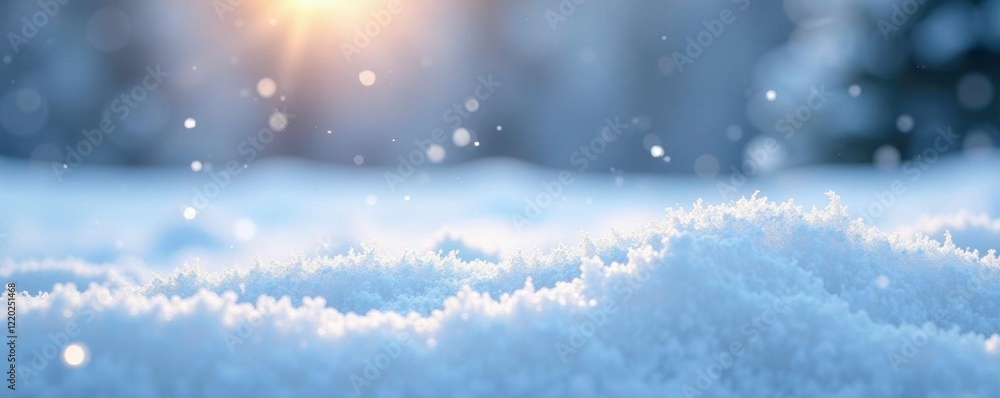 Naklejka premium Delicate snowflakes gently fall on the pristine white snow, frozen landscape, winter wonderland