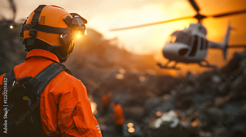 Fototapeta premium Disaster Recovery Scene with Rescuer and Helicopter at Sunset