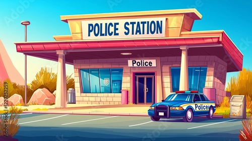 Fototapeta Naklejka Na Ścianę i Meble -  STATION A cartoon illustration of a police station with a classic 
