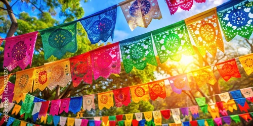 Vibrant papel picado fluttering in the breeze amidst a sun-drenched outdoor celebration of Cinco De Mayo with colorful streamers and festive decorations, outdoor party, vibrant colors
