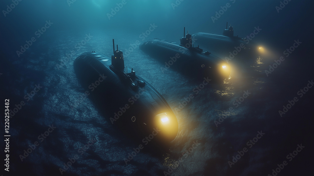 Fototapeta premium Three Submarines Cruising in the Deep Ocean at Night